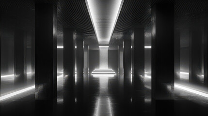 Poster - Minimalist black and white abstract design creates an ethereal ambiance in a modern hallway with symmetrical columns and glowing illumination,exuding elegance.
