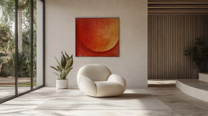 Poster - Modern minimalist interior design featu lines and an abstract geometric artwork exuding warmth and depth, complemented by natural light and soft textures.