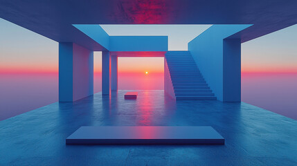 Poster - Layered transparent structures at sunset create depth and evoke a feeling of calm contemplation with the ethereal gradients in this architectural space.