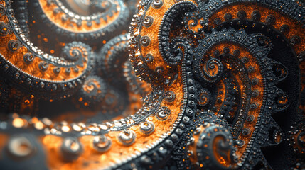 Poster - Intricate abstract fractal design showcasing swirling, textured forms with orange and dark gray colors creating a mesmerizing and decorative pattern beautifully.