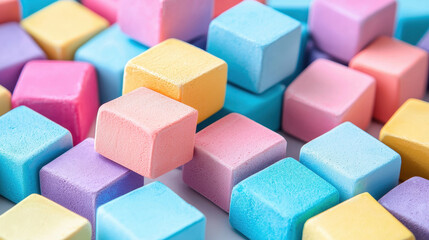 Poster - An artistic display of pastel geometric shapes, specifically cubes, are scattered on a light background, creating a soft and visually appealing composition.
