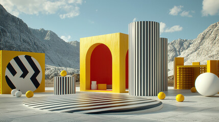 Aufkleber - Geometric shapes in bright colors such as yellow, red, and black and white stripes are scattered against a mountain landscape creating an abstract scene.