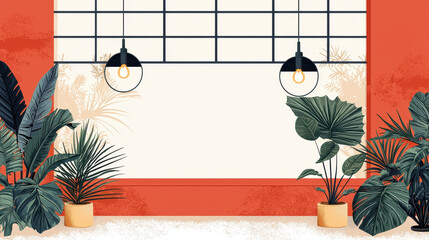 Poster - Bold geometric shapes dangle from the ceiling in a vibrant room, casting shadows among lush potted plants, against a light wall with a large window frame.