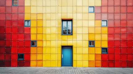 Poster - A vibrant fabric of geometric patterns with bright colors adorns a building facade, chee up the urban landscape with its red, yellow, and orange hues.