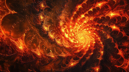 Poster - The fractal-inspired design radiates from a central vortex with golden and fiery hues creating a mesmerizing abstract art piece of digital creation.