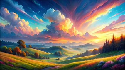 Poster - Pastel Watercolor Landscape: Dreamy Line Art Hills and Sky