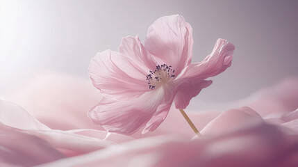 Poster - Elegant pink flower blossom resting gently atop flowing fabric folds, creating dynamic shapes in a soft, light-filled, and aesthetically pleasing floral scene.