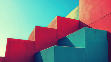 Poster - Elegant geometric shapes float in pastel colors creating a serene architectural design with vibrant reds and blues against a clear turquoise sky above.