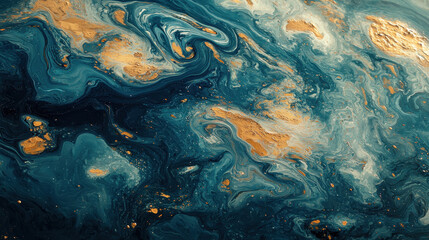 Poster - Dynamic s art showcases swirling teal and gold colors blending together, evoking strong emotion and a captivating fluid abstract texture with high visual impact.