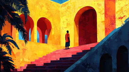 Poster - Vibrant abstract curves and lines connect to a lone figure ascending red steps of a golden building representing travel, destination, and a symbolic journey.