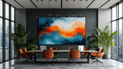 Poster - Modern conference room featu a dynamic abstract mural with vibrant splashes of paint exuding creativity and inspi innovation in the workspace design.