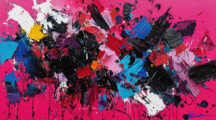 Poster - Vibrant hues swirl and blend across a hot pink s, creating a dynamic abstract painting with swirling paint in motion and energetic color blending effects.