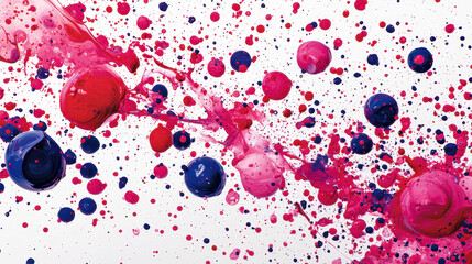 Poster - Dynamic colorful paint splatters create an abstract explosion of vibrant crimson and deep blue on a clean white s for a striking artistic composition.