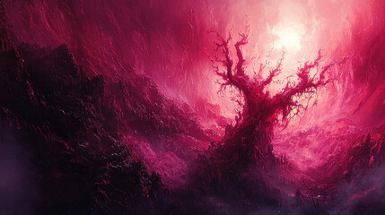 Poster - Vibrant crimson paint splashes coalesce, creating a dynamic art landscape with a gnarled tree silhouetted against an ethereal and intensely colorful creation.