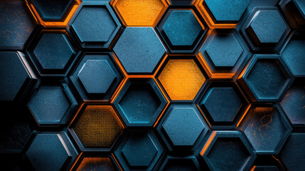Poster - vibrant orange and blue hexagons form a captivating mosaic pattern across textured wooden surface, c