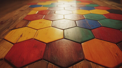 Poster - a vibrant pattern of colorful wooden hexagons arranged artfully on a textured surface creates an eye