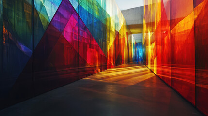 Poster - Colorful geometric shapes reflect, creating an intriguing mirror effect down a concrete hallway with vibrant light and shadow patterns, a modern art installation.