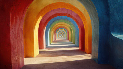 Poster - A vibrant spiral of playful colorful geometric arches creates a mesmerizing tunnel, inviting viewers into a world of imagination and artistic design.