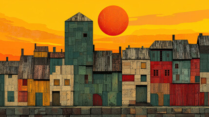 Poster - Colorful geometric buildings create a surreal cityscape under a vibrant sunset with a red sun floating above, an abstract architectural dreamscape vision.