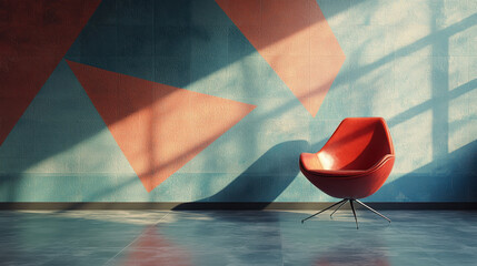Poster - an inviting red chair sits in a modern room with colorful geometric patterns painted on the textured