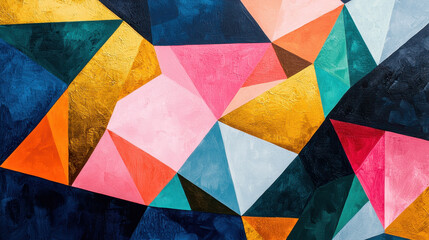 Poster - Vibrant geometric shapes dance across the wall art, as a painting of colorful triangles merge in abstract harmony with an artist's precise hand crafting beauty.