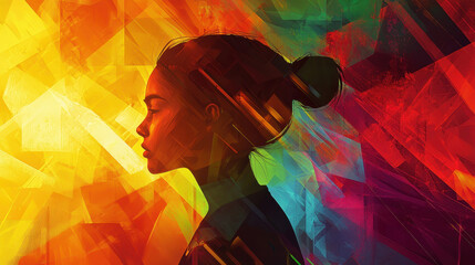 Poster - a runner's silhouette is artistically merged with a vibrant geometric design, reflecting the energy 