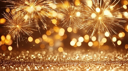 Poster - Golden fireworks bursting into the night sky create dynamic celebration joyou feelings and spread happiness with glittery sparkle as the light illuminates the air.