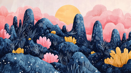 Poster - A colorful abstract landscape art installation creates a dreamy public space with whical shapes and a vibrant sun, reimagining natural beauty in a new light.