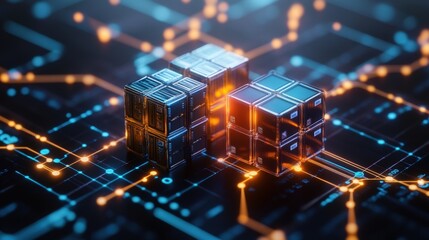 Poster - Interconnected digital cubes glow with vibrant orange and blue lights representing complex technology networks.