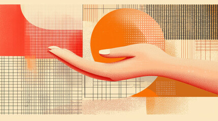Poster - close-up of a hand presenting a vibrant geometric pattern, resembling a handmade sphere, against a s