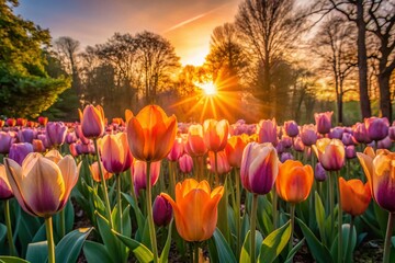 Poster - Silhouette of Orange & Pink Tulips in Dutch Garden at Sunset