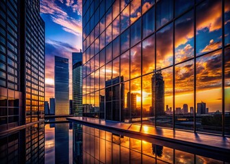 Poster - Silhouette of Skyscraper Reflecting in Modern City Glass Building at Sunset