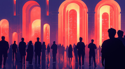 Poster - Vibrant geometric patterns create a captivating scene in this modern art illustration, with a crowd of silhouetted figures observing the dynamic abstract ar 0.