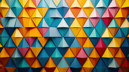 Poster - A vibrant geometric pattern showcases colorful paper cutouts arranged in a triangular mosaic creating a playful and visually engaging textured backdrop.