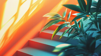 Poster - brightly colored geometric shapes interact with sunlight, creating a serene atmosphere on the stairs