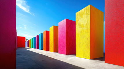 Poster - Bright geometric forms brightly colored with primary hues stand in a long row against a vivid blue sky, creating interactive shapes in the natural sunlight.