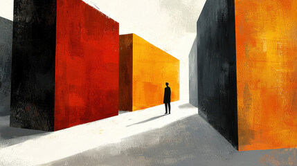 Poster - A lone figure contemplates the bold asymmetric color blocks creating tension and depth in an abstract landscape, bathed in diffused light, a study in form.