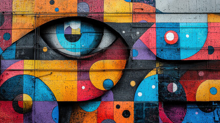 Poster - Vibrant geometric patterns create an abstract mural featu a striking eye on a city wall, showcasing dynamic colors and urban artistic expression perfectly.