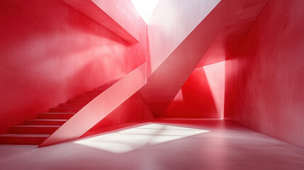 Poster - Dynamic interplay of abstract shapes formed by shadows in a modern red interior architecture, creating a visually striking geometric design with light and form.