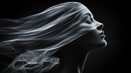 Poster - dynamic smoke s create an abstract veil, dramatically playing with light and shadow over a woman's s