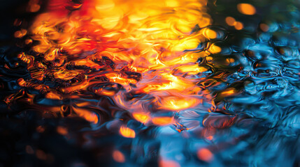 Poster - Abstract reflections of vibrant city lights create a dynamic shimme effect on the dark water surface, producing a mesmerizing and artistic background image.