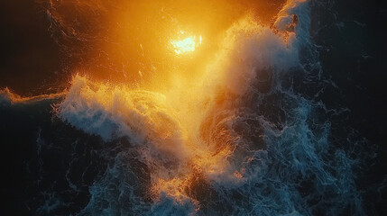 Poster - Abstract dynamic patterns are created by ocean waves glistening with golden light, forming textured water shapes in a fluid and mesmerizing display of nature.