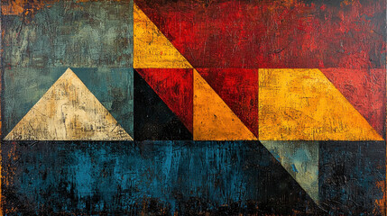 Poster - Abstract painting featu vibrant geometric shapes in red, yellow, blue, and beige colors, creating a visually striking and modern artistic composition.