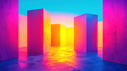 Poster - Abstract metallic geometric shapes reflect vivid light, creating a surreal architectural dreamscape with lines and glowing colors under a bright sky above.