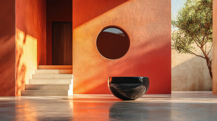 Poster - abstract glass sculpture reflects warm light in a minimalist architectural space, creating dynamic s