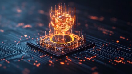 Poster - Artificial ligence cube hovers over a processor with glowing circuits on a futuristic motherboard.