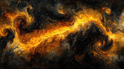 Aufkleber - Abstract digital art with dynamic fractal patterns creates a mesmerizing spectacle of swirling gold and black, evoking a sense of energy and cosmic exploration.