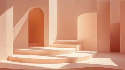 Poster - Abstract 3D geometric composition presents a serene scene with soft lighting, vivid colors, and minimalist shapes creating a visually striking geometric space.