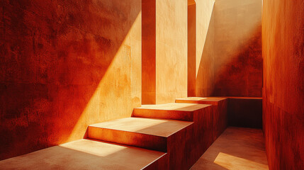 Poster - Abstract 3D cubes cast strong shadows on textured s, creating a high contrast geometrical pattern with warm earth tones, minimalist architecture design.