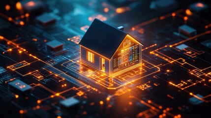 Poster - A digital model of a smart home is integrated into a circuit board with glowing orange connections.